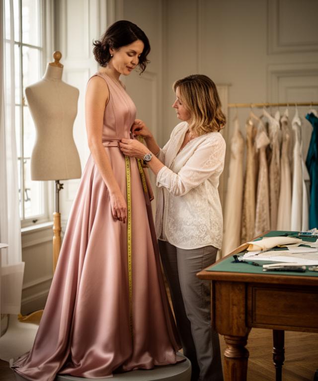 Dressmaker fitting an evening gown on a client in the Chester atelier