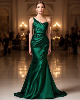 Emerald satin evening gown on a model beneath warm gala lighting