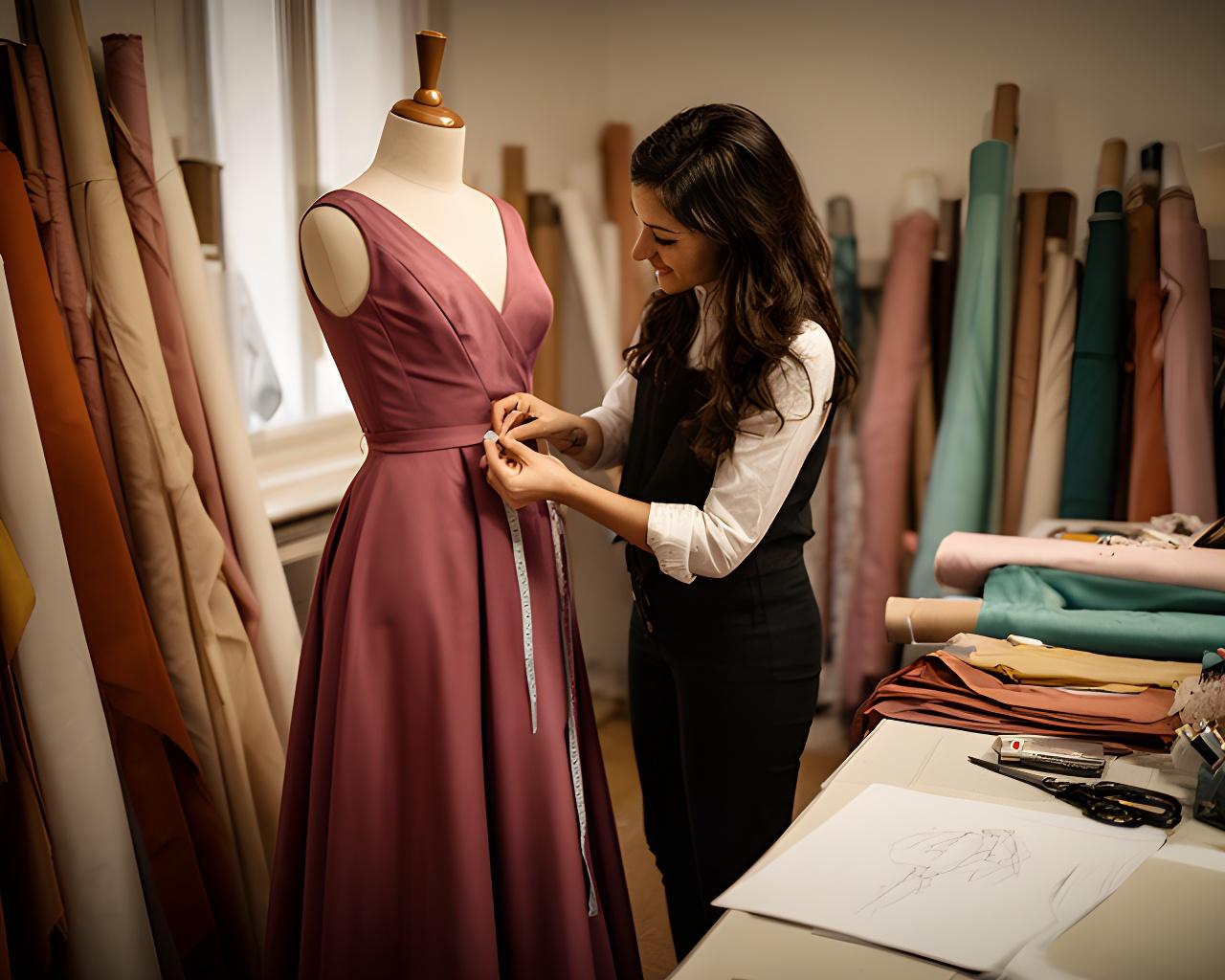 Dressmaker pinning a deep rose gown beside fabric rolls in a Chester atelier